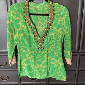 Vintage Green Silk Top with beading- Size S/M